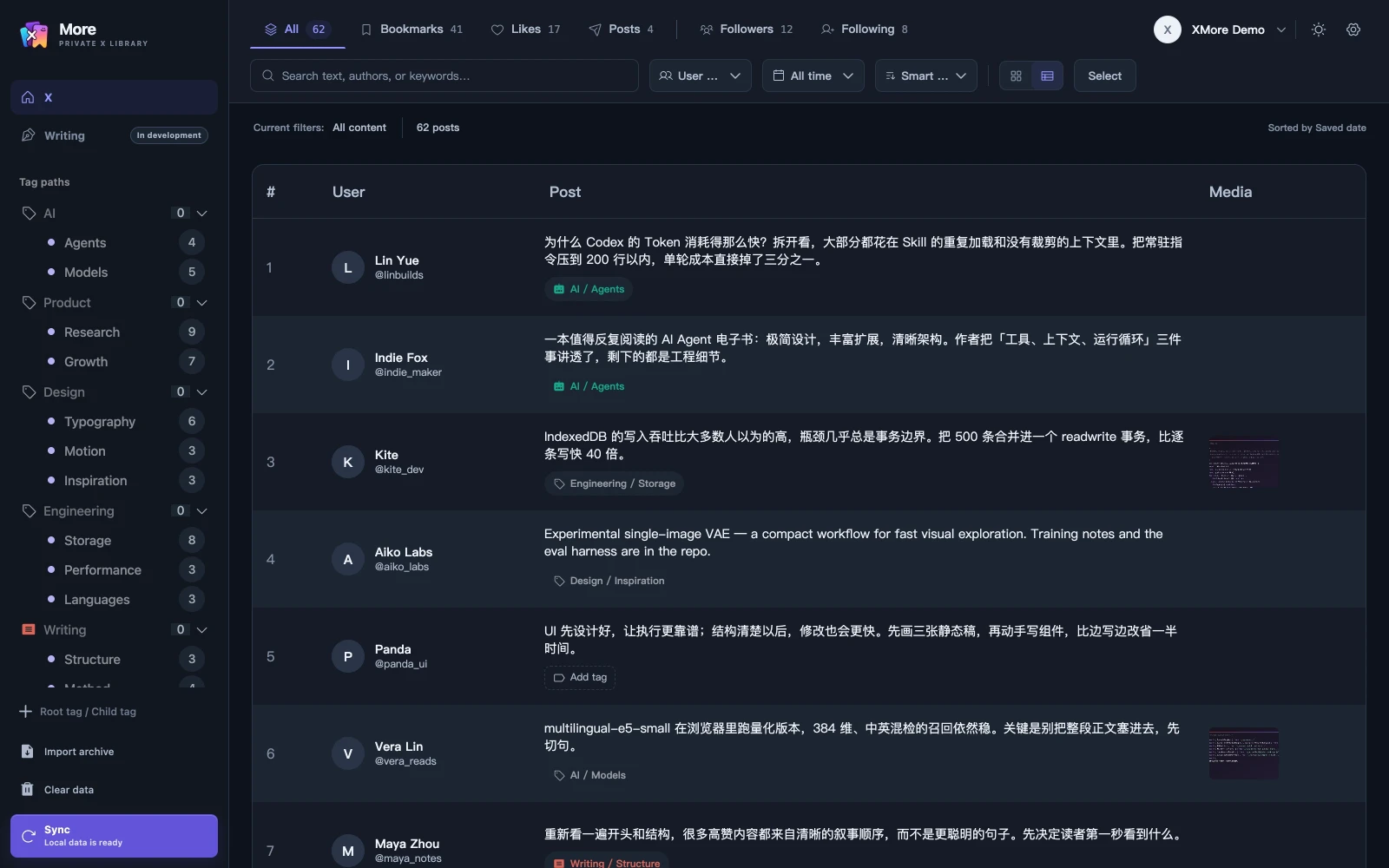 The XMore data table view: the same local content in columns for user, tag, post text and media files
